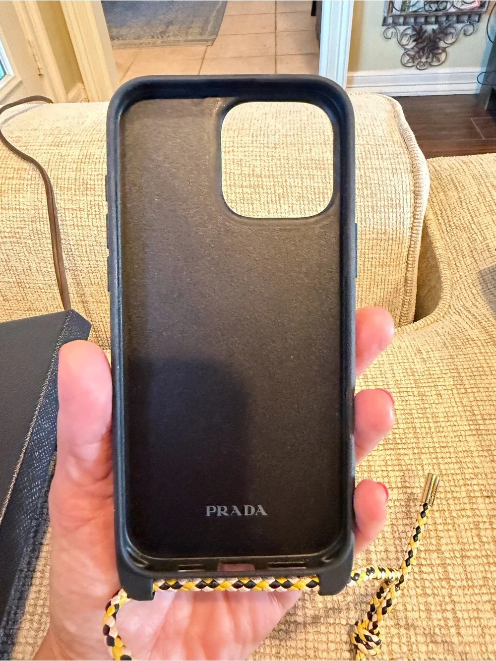 Prada Tan Brown Leather Phone Case with Black Trim and Braided Lanyard